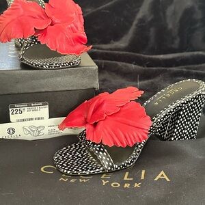 Cecelia New York Black and White Sandals with Red Floral Accent